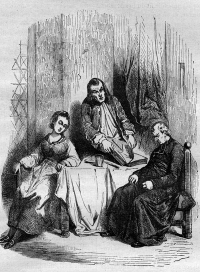 Monsieur De Breteuil, intendent Limousin, kontroluje księgi parafialne prowadzone przez Dubois, proboszcza i przyszłego kardynała. Grawerowanie z „Historii prostytucji i rozpusty u wszystkich narodów świata od starożytności do dzisiaj” autorstwa dr Th. -F. autorstwa French School