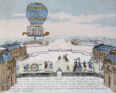 Pierwszy lot aerostatu zamieszkanego przez zwierzęta Montgolfiera zorganizowany w Wersalu, 19 września autorstwa French School
