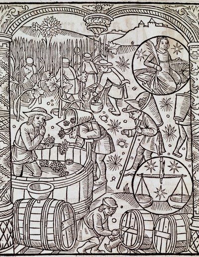 Miesiąc zbiorów, ze znakami zodiaku Panna i Waga, Grawerowanie z Le grand calendrier des bergers, Francja autorstwa French School