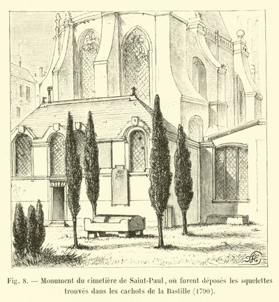 Pomnik na cmentarzu św. Pawła, gdzie złożono szkielety znalezione w lochach Bastylii, 1790 autorstwa French School