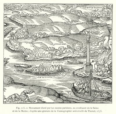 Pomnik wzniesiony przez paryskich żeglarzy u zbiegu Sekwany i Marny; po rycinie Kosmografii uniwersalnej Theveta; 1575 (grawerowanie) autorstwa French School