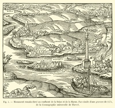 Pomnik rzymski wzniesiony u zbiegu Sekwany i Marny, faksymile ryciny z 1575 r. z Cosmographie universelle firmy Thevet autorstwa French School