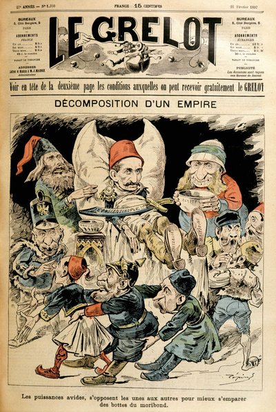 Konająca Turcja i obce mocarstwa walczące o jego buty, okładka „Le Grelot” 21.02.1897. autorstwa French School