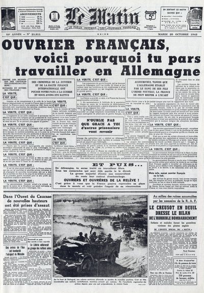 Dziennik Poranny nr 21311 z dnia 20 października 1942 r.: Sto - Służba Pracy przymusowej - Po co jechać do pracy w Niemczech - autorstwa French School