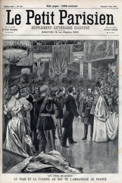 Moskiewskie uroczystości: car Rosji Mikołaj II (1868-1918) i caryca Aleksandra Fiodorowna Romanowa (1872-1918) na balu ambasady francuskiej w „Le petit Parisien”” autorstwa French School