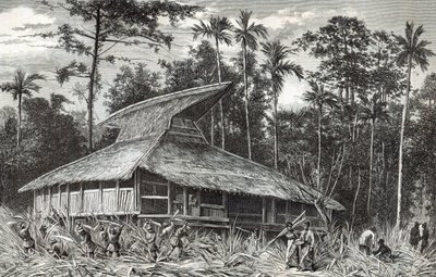Meczet w Dodinga, Nowa Gwinea, ilustracja z magazynu Le Tour du Monde, 1879 autorstwa French School