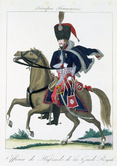 Oficer konny huzarów gwardii królewskiej, z Troupes Francaises, wyd. chez Basset, Paryż, ok. 1790 autorstwa French School