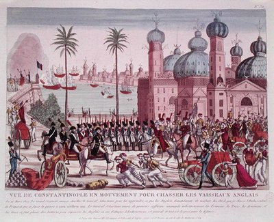 Ruch wojsk do wymuszenia angielskich statków z Konstantynopola, 21 marca 1807 (kolorowy grawerunek) autorstwa French School