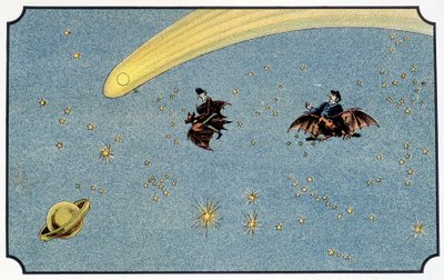 Pan Baboulifiche i jego sługa Papavoine jadący na nietoperze w kosmosie - w „” Voyage dans la lune”” A. de Ville-d