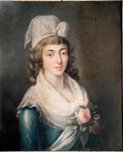 Pani Roland: Portret Madame Roland (1754 - 1793), postaci rewolucji francuskiej, w czapce Girondin. malarstwo szkoły francuskiej autorstwa French School