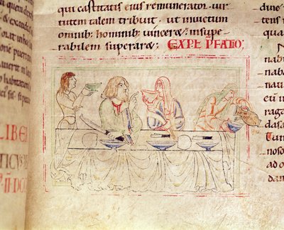 Ms.1215 t.3 fol.158v, Posiłek z Judith i Holofernes, z Biblii Etienne Harding, 1109 autorstwa French School