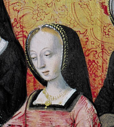 Ms.17 fol.1 Autor ofiarowujący swoją książkę Annie Bretańskiej (1477-1514) z Vie des Femmes Celebres, ok. 1505 (detal z 153785) autorstwa French School