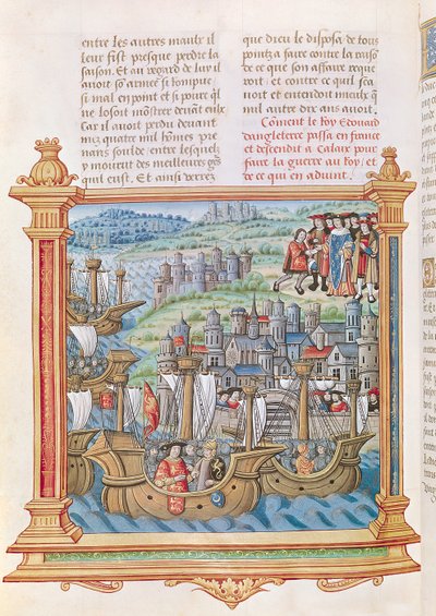 Ms.18 f.109v Edward IV z Anglii lądujący w Calais, z Memoires de Philippe de Commines autorstwa French School