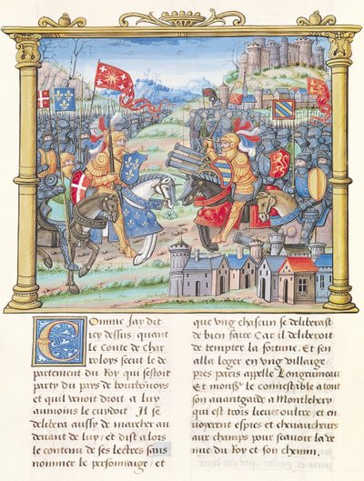 Ms.18 f.7v Bitwa pod Montlhery podczas wojny Ligi Dobrej Społeczności, 14 lipca 1465, ze wspomnień Philippe of Commines (1445-1509) autorstwa French School