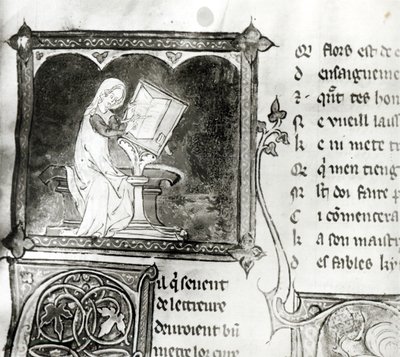 Ms.3142 fol.256 Marie de France (fl.XII w.) pismo, z antologii wierszy francuskich, ok.1280-90 (szczegół) autorstwa French School