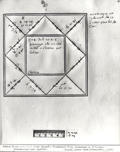 Ms.Fr.12293 fol.49 Horoskop Petrarki (1304-74) autorstwa Galileusza, z kolekcji horoskopów figur od XIV do XVII wieku autorstwa French School