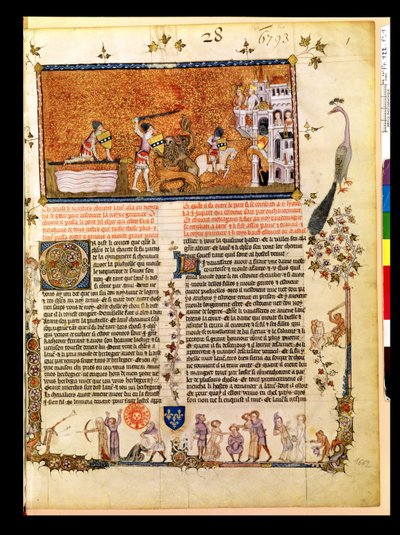 Ms.Fr 122 f.1 Sir Lancelot przechodzi przez Most Miecza, z Roman de Lancelot du Lac, 1344 autorstwa French School