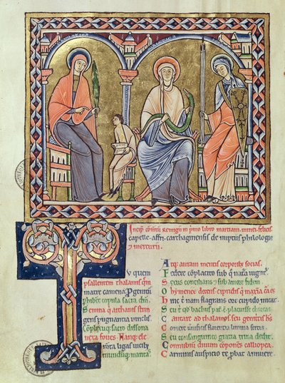 Ms 1041 f.1v Gramatyka, dialekt i retoryka z Satyriconu Martianusa Capelli, c.1200 autorstwa French School