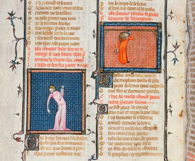 Ms 1126 Samobójstwo Dydony mieczem i samobójstwo Phyllis przez powieszenie, z Le Roman de la Rose autorstwa Guillaume de Loris i Jean de Meung, c.1360-70 autorstwa French School