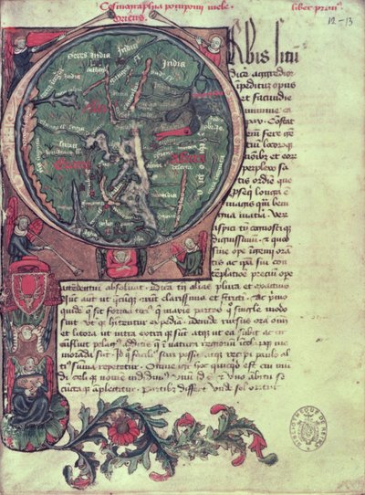 Ms 1321 fol.12 Historyczny inicjał „O” przedstawiający Ziemię, z „De Situ Orbis” Pomponiusza Mela (fl.c.50 AD) 1418 autorstwa French School