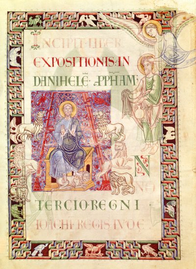 Ms 132 f.2v Daniel w Lions Den Fed Habakuka, z Explanatio in Prophetas et Ecclesiasten św. Hieronima autorstwa French School