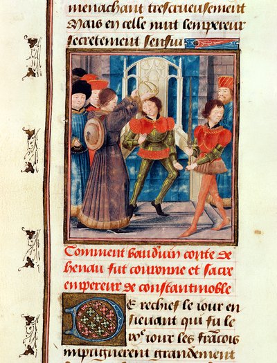 Ms 149 t.3 fol.183v Jak Baldwin I (1171-1205) Szósty hrabia Hainaut, został koronowany na cesarza Konstantynopola w 1204, z Histoire des Nobles Princes de Hainaut, Jacques de Guise autorstwa French School