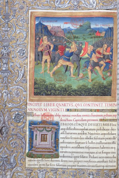 pani 1581 f. 071 Ilustracja z Księgi IV (Od odrzucenia tego pokolenia do śmierci Mojżesza), rozdział 1 Starożytności Żydów (Antiquitates Judaicae) autorstwa Flawiusza Józefa - Walka autorstwa French School
