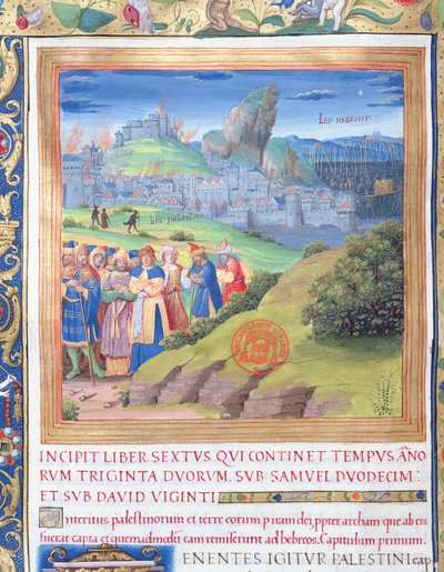 pani 1581 f. 108v Ilustracja z Księgi VI (Od śmierci Helego do śmierci Saula), rozdział 1 Starożytności Żydów (Antiquitates Judaicae) Flawiusza Flawiusza – Zniszczenie, które przyszło autorstwa French School