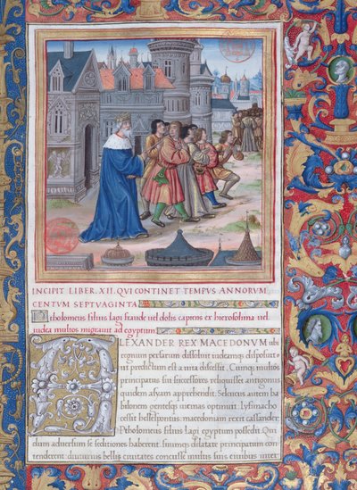 pani 1581 f. 228 Ilustracja z księgi XII (Od śmierci Aleksandra Wielkiego do śmierci Judasza Machabeusza), rozdział 1 Starożytności Żydów (Antiquitates Judaicae) autorstwa Flawiusza Józefa autorstwa French School