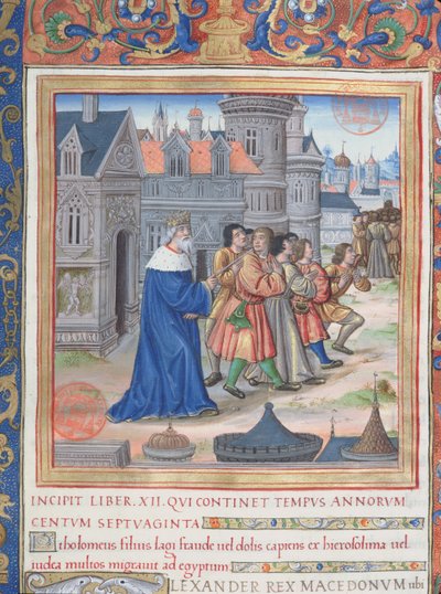 pani 1581 f. 228 Ilustracja z księgi XII (Od śmierci Aleksandra Wielkiego do śmierci Judasza Machabeusza), rozdział 1 Starożytności Żydów (Antiquitates Judaicae) autorstwa Flawiusza Józefa autorstwa French School