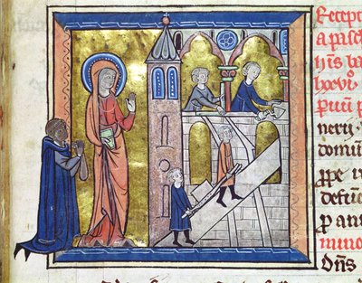 Ms 16261 f.20 Budowa opactwa, z Censier de lAbbaye Sainte-Genevieve, 1270 autorstwa French School