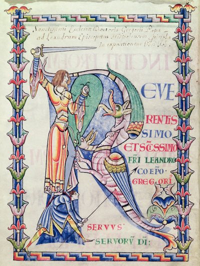 Ms 168 f.4v Historyczny inicjał R przedstawiający rycerza walczącego ze smokiem, z Moralia w Hiobie papieża Grzegorza Wielkiego autorstwa French School