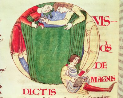 Ms 173 fol.92v Historyczny inicjał Q przedstawiający sukienników, z Moralii w Hiobie papieża Grzegorza Wielkiego, Szkoła Burgundzka autorstwa French School
