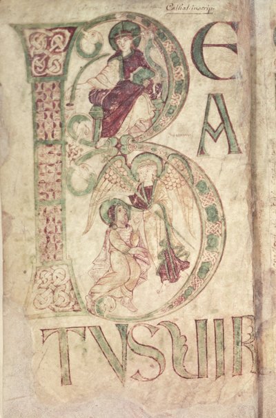 Ms 18 f.1v Historyczny inicjał B przedstawiający św. Jana Ewangelistę i Anioła z Psałterza z Corbie autorstwa French School