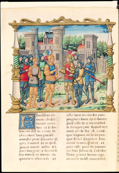 Ms 18 f.32v Traktat Conflans między Ludwikiem XI a Karolem Śmiałym, księciem Burgundii, październik 1465, z Pamiętników Filipa z Komin (1445-1509) autorstwa French School
