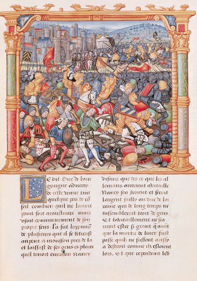 Ms 18 fol.150r Bitwa pod Nancy w 1477 r., z Memoires de Philippe de Commines autorstwa French School
