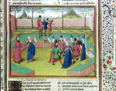 Ms 19153 f.7 Carole in the Orchard, ilustracja z Le Roman de la Rose autorstwa Jean de Meung, c.1460 autorstwa French School