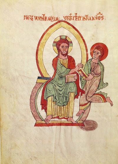 Ms. 1 Fol 111v Św. Jan biegnący po Ewangelię od Chrystusa, siedzący w mandorli, miniatura z Ewangelii Saint-Michel-de-Cuxa, ok. 1070-1130 autorstwa French School