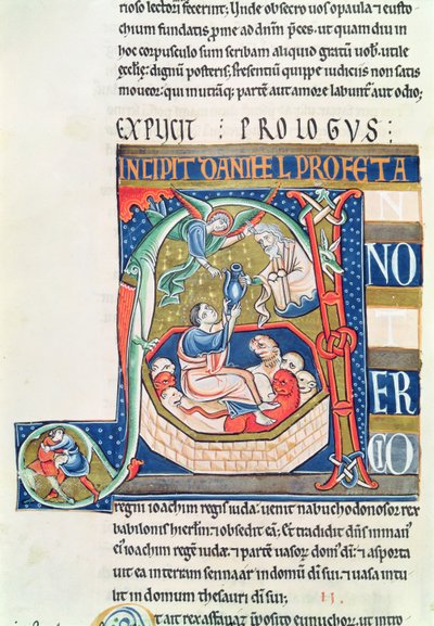 Ms 1 fol.185v Historyczny inicjał A przedstawiający Daniela w jaskini lwów, z Biblii Souvigny autorstwa French School