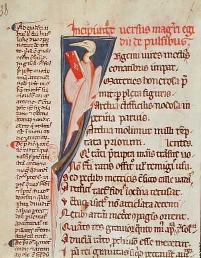 Ms 2046 fol.438 Ptak trzymający księgę Gillesa de Corbeil (1165-1222) z „Aforyzmów” Hipokratesa (ok. 460-ok. 377 pne) z komentarzem Klaudiusza Galenusa (ok. 130-ok. 201) (welinowy) autorstwa French School