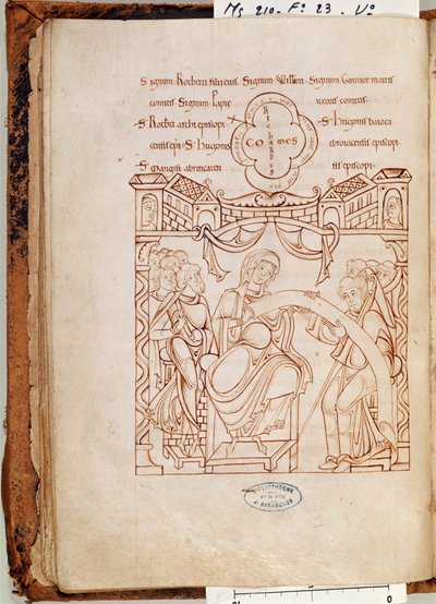 Ms 210 fol.23v Darowizna Gonnor, księżnej Normandii dla klasztoru Mont Saint-Michel, z Cartulaire de Mont-Saint-Michel, 1150 autorstwa French School