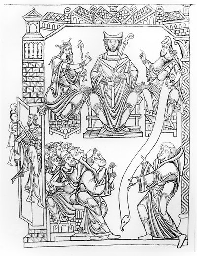 p. 210 fol 19v. Kartuarium Mont Saint-Michel: Książę Normandii Ryszard II darujący ziemie i przywileje klasztorowi Mont Saint-Michel (rycina według rysunku z 1150 roku) autorstwa French School