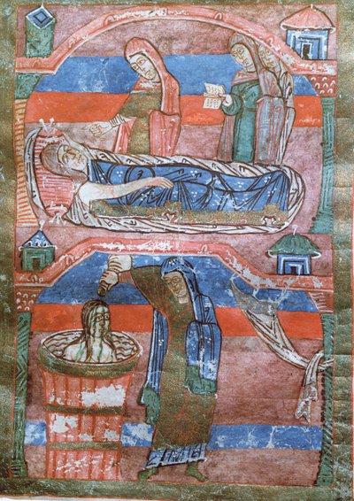 Ms 250 Dropsical kobieta wyleczona w łaźniach przez św. Radegundę, z Życia św. Radegundy autorstwa French School
