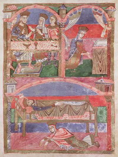 Ms 250 f.24r St. Radegunda (518-87) przy stole Clothara I (497-561), w jej oratorium i u stóp królewskiego łoża, z Żywotu św. Radegundy autorstwa French School