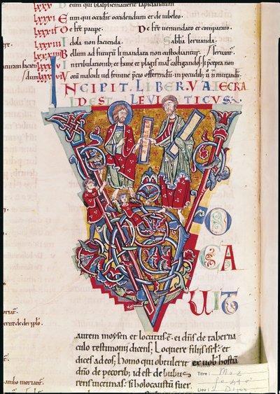 Ms 2 full.41v Historyczny inicjał V przedstawiający scenę z Księgi Kapłańskiej, z Biblii św. autorstwa French School