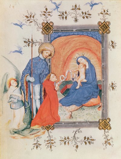 اغلې 3024 fol.12v ورجن او ماشوم له ګونډو شوي سړي او سینټ جورج سره، د ساعت پولي کتاب څخه autorstwa French School