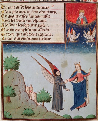 Pani 3045 fol.94r Lady Filozofia prowadzi Boecjusza do lotu w niebo na skrzydłach, które mu dała; Bóg Ojciec patrzy w błogosławieństwie autorstwa French School
