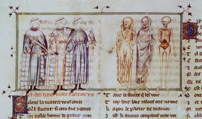 Ms 3142 fol.311r Historia trzech żywych i trzech zmarłych, z Recueil de Poesies Francaises, c.1280-90 autorstwa French School