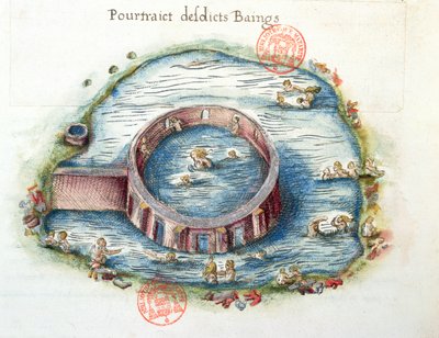 Ms 3242 Łaźnie Bourbon-Lancy, ilustracja z Generale Description du Bourbonnais autorstwa Nicolasa de Nicolay, 1569 (wc na papierze) autorstwa French School