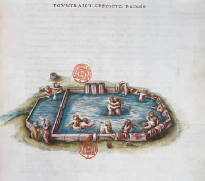 Ms 3243 Łaźnie Bourbon lArchambaut, Owernia, ilustracja z Generale Description du Bourbonnais autorstwa Nicolasa de Nicolay, 1569 (wc na papierze) autorstwa French School